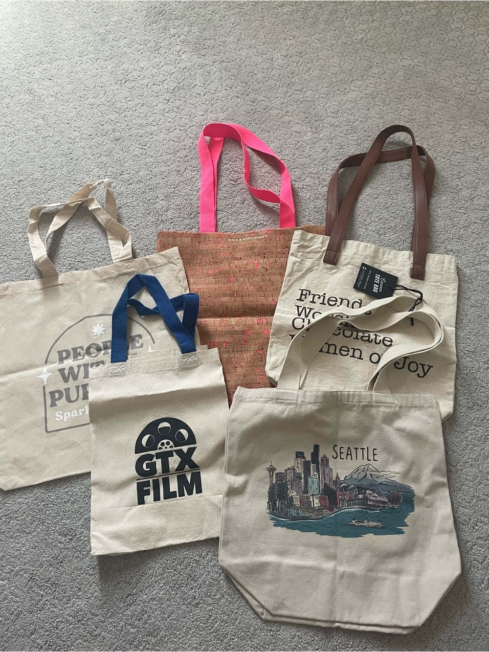 5 Canvas Tote Bags - Natural with Blue and Pink Accents